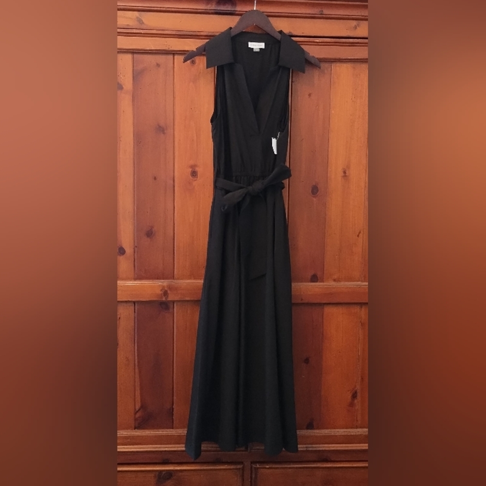 NWT Calvin Klein sleeveless shirt collar maxi in black with cloth belt size 10